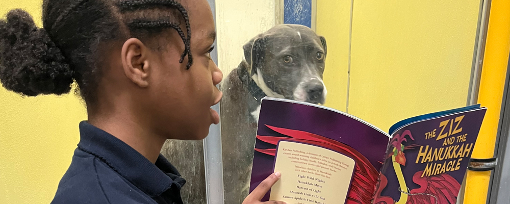 young student reading book to dog in the shelter